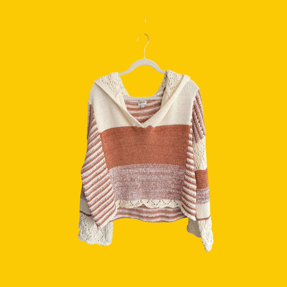 BKE Striped Hooded Knit Sweater Large Cream Rust Boho Coastal Crochet Detail - Picture 1 of 6